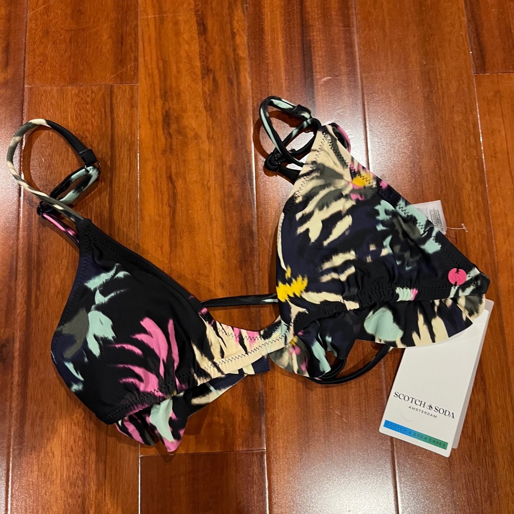 Scotch & Soda Bikini Top Triangle Ruffle Black Multi Palm Leaf Print New Size XS